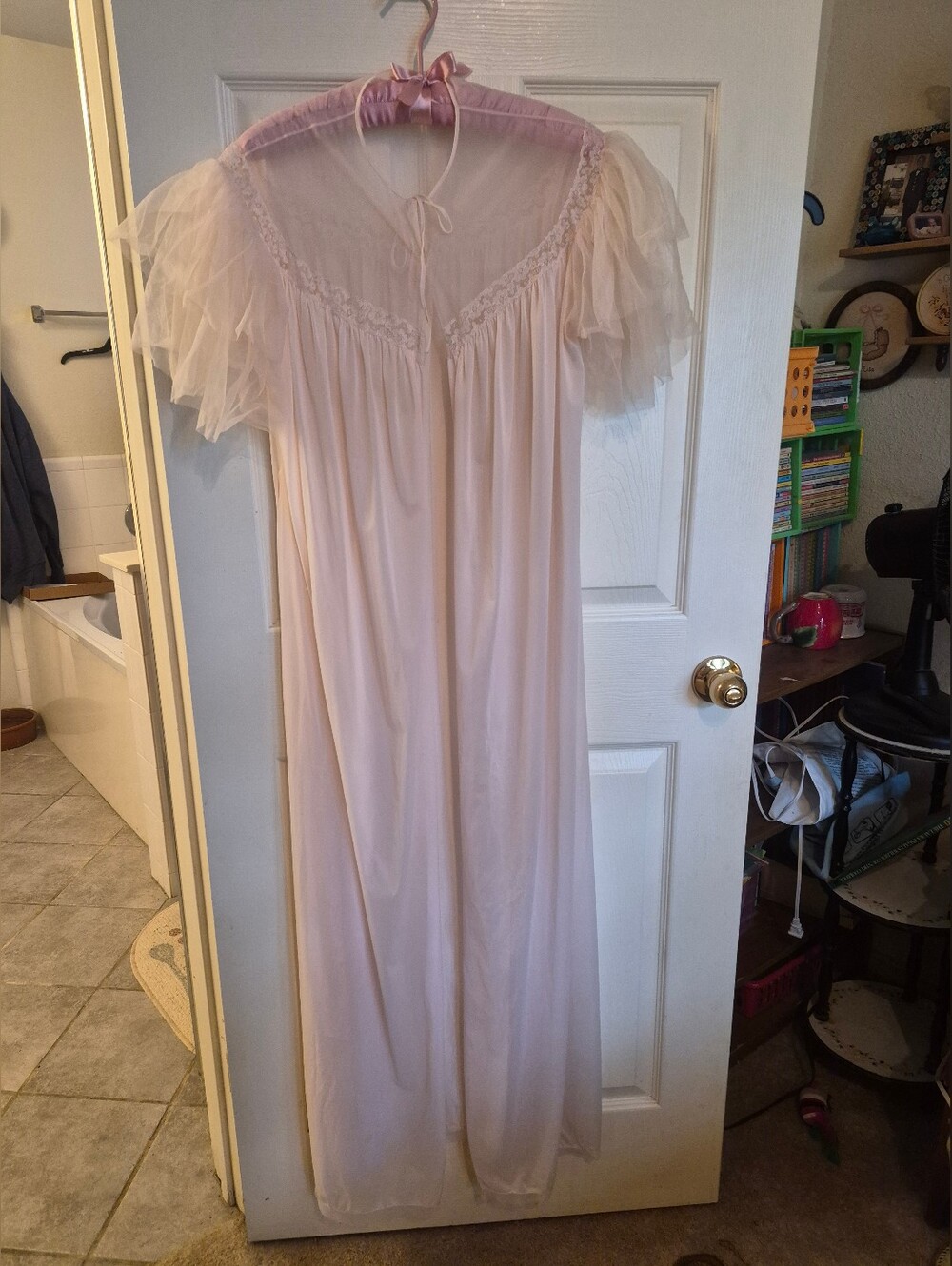 RARE 1950's/60s Vanity Fair Light Pink Long Nightgown with Sheer Tulle Sleeves
